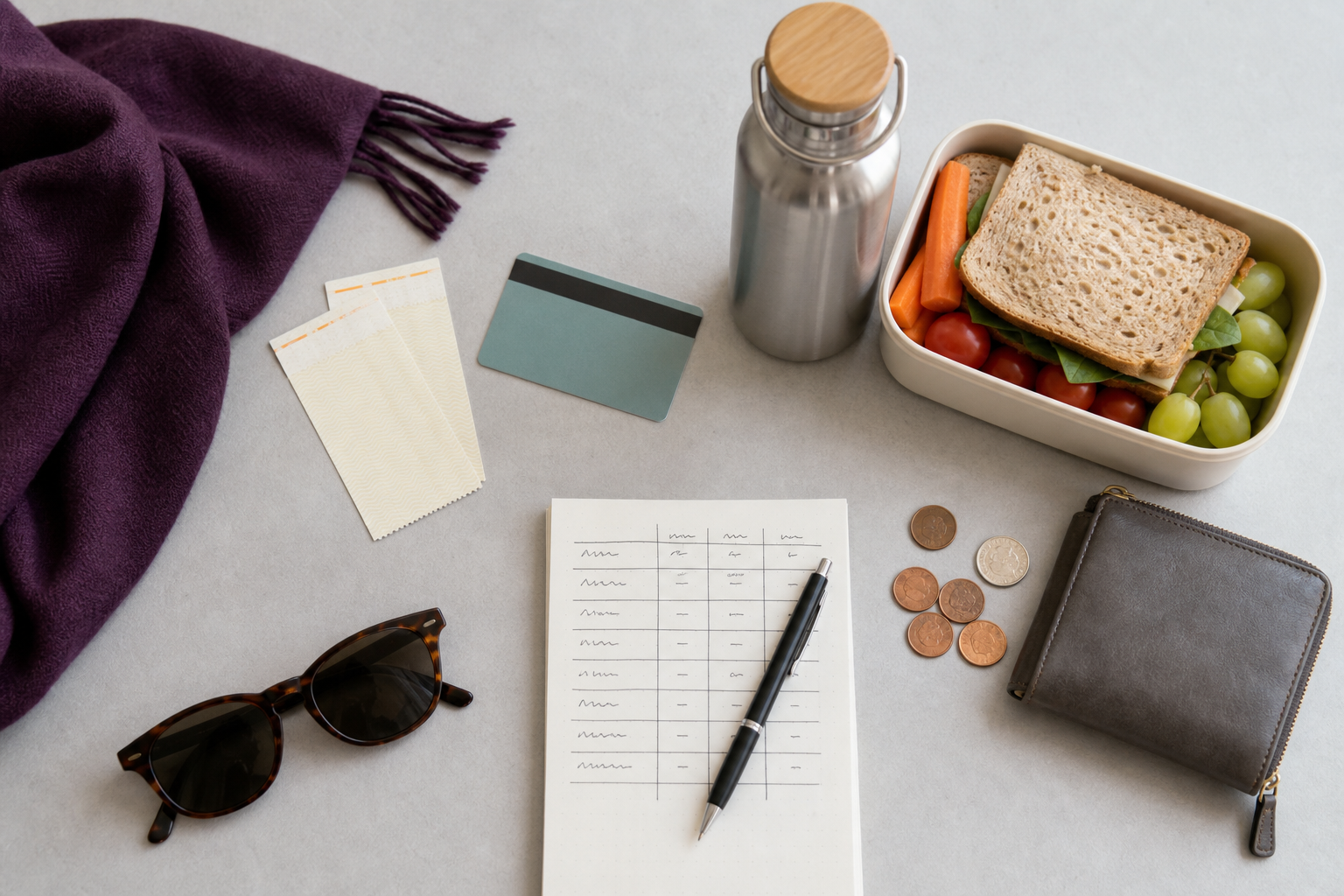 Tafel met toegangsbewijzen, lunchbox, drinkfles, portemonnee en een eenvoudig budgetoverzicht