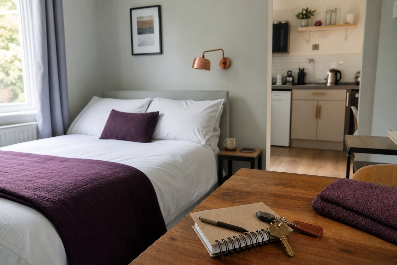 Lichte gastenkamer met bed, kleine keuken en sleutels op een houten tafel